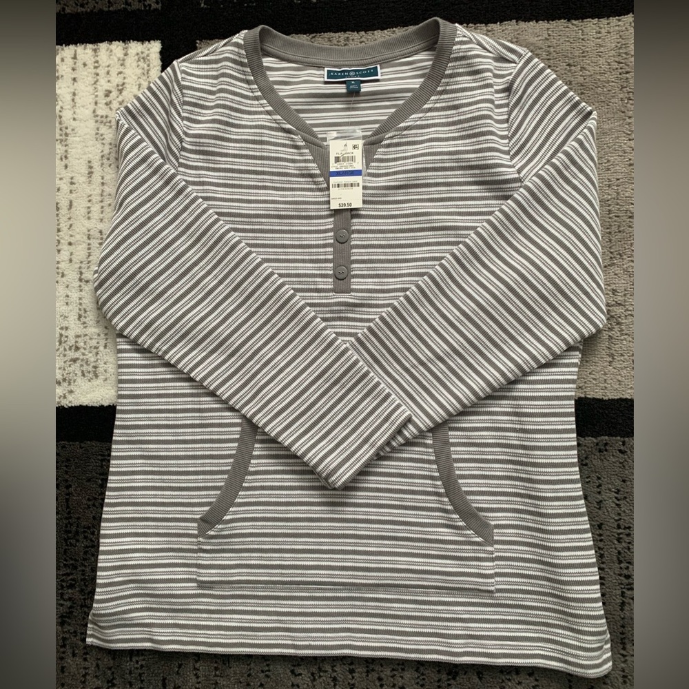 Karen Scott Sport Flatback Heather Grey Striped Shirt Sz XL NWT